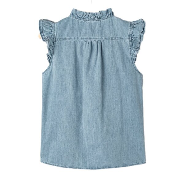 💙 NEW Beau Blue Frilly Ruffle Trim V-Neck Chambray Tank Top – Size XL - Picture 4 of 6